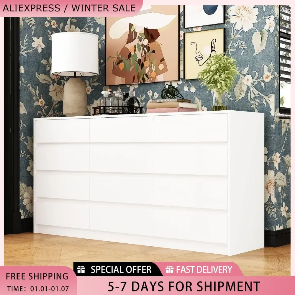 Chest of Drawers White 12 Drawer Dresser No Handle, Modern Contemporary Dresser, 12-Drawer Cabinet Dresser for Bedroom