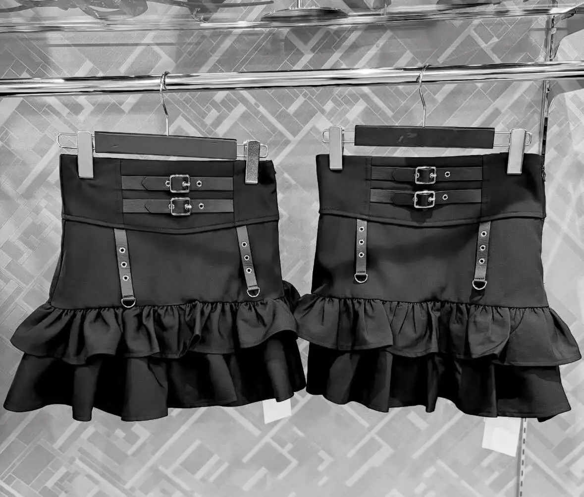 Y2K Jirai Kei Subculture Mini Skirt Women Japanese Punk Sweet Cool High Waist Belt Buckle Layered Cake Ruffle Mermaid Skirt