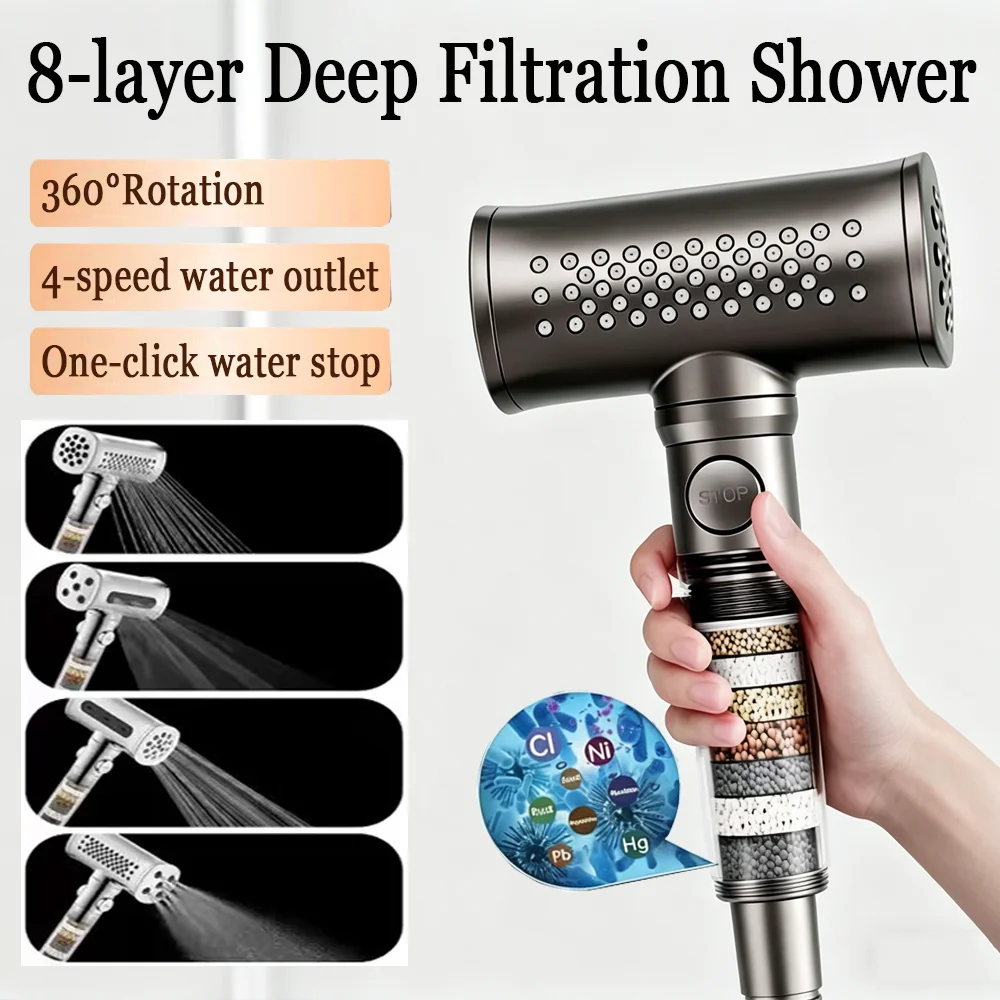 

Модернизированная 8-слойная душевая лейка с фильтрацией воды, самоочищающаяся, с функцией удаления накипи, 4 режима, высокое давление, большой расход воды