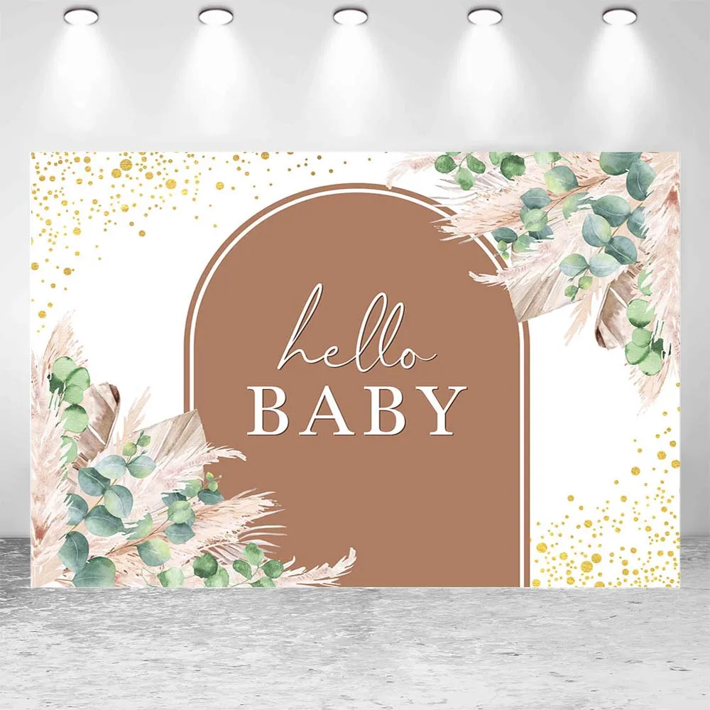 Mocsicka Boho Baby Shower Backdrop Green Leaves Pampas Grass Newborn Welcome Party Decor Hello Baby Photography Background Props