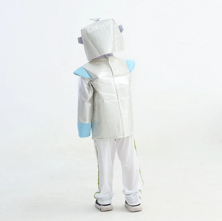 Kids Halloween Cosplay Costume Boys Girls Kids Robot Cosplay Costume Child Tunic Hat Pants Full Set Silver Robot Suit