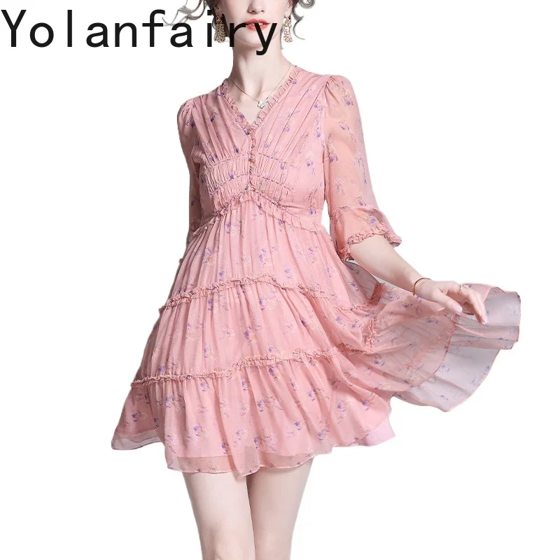 YOLANFAIRY ชุดเดรสผ้าไหมมัลเบอร์รี่แท้ 100% คุณภาพสูงสำหรับผู้หญิง แขนบานลายดอกไม้ ชุดเดรสฤดูร้อน 2025 โรแมนติกและสง่างาม