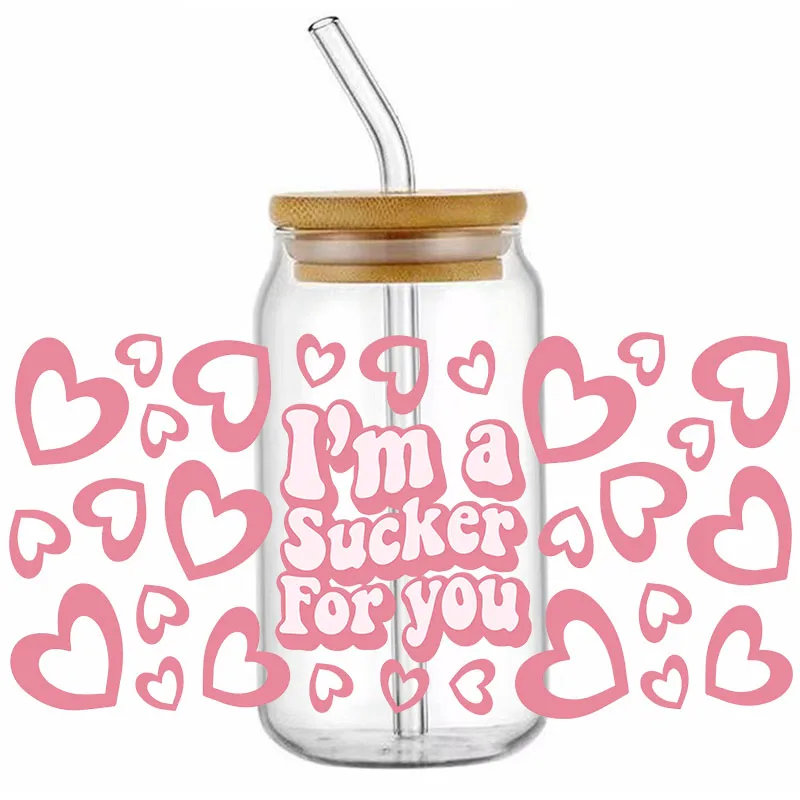 Valentine's Day 16OZ UV DTF Cup Wraps Transfer Sticker For Glass Libbey Selfadhesive Washable DIY Custom