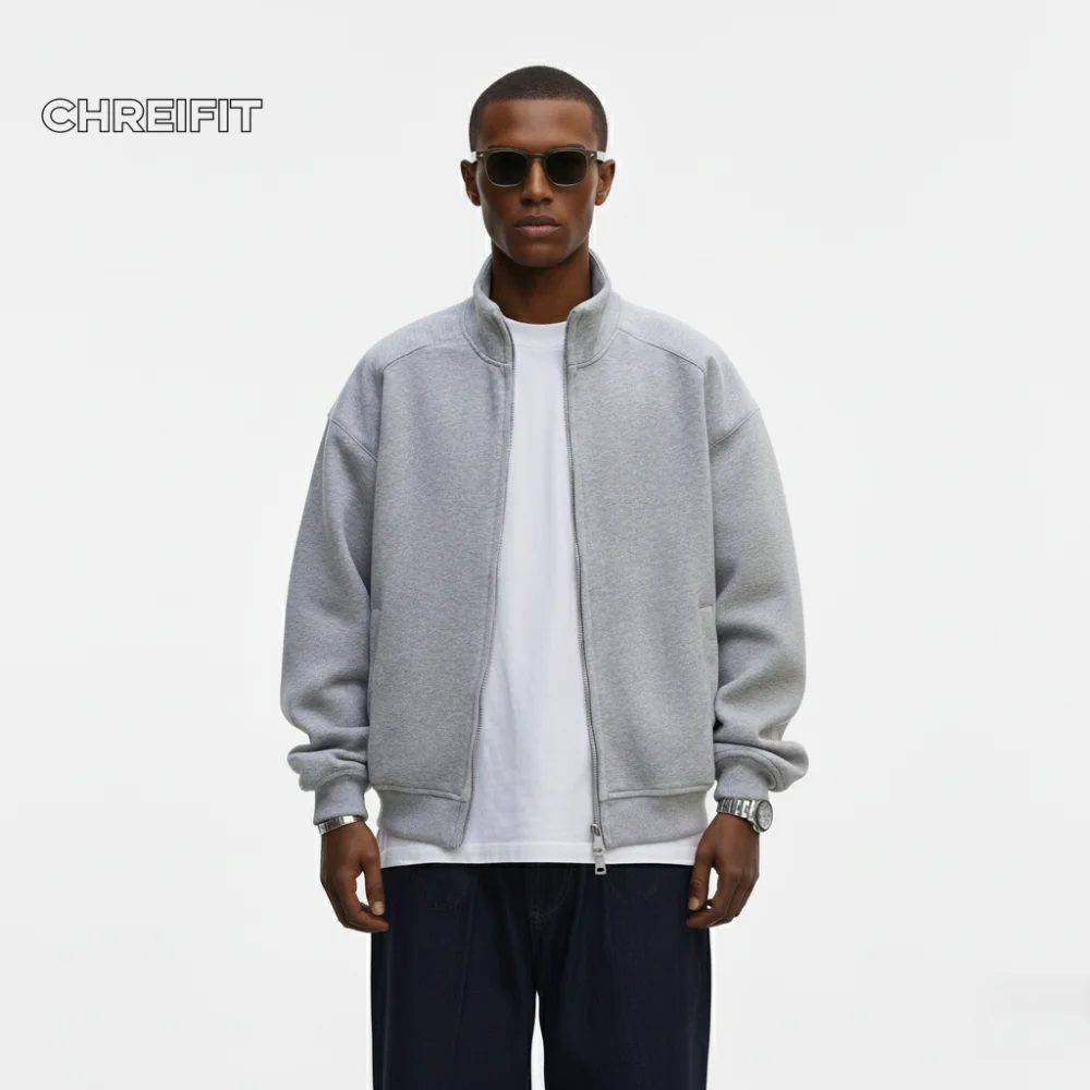 

Men Casual Zip-Up Bomber Jacket Fleece Sweatshirt Coat Stand Collar Lightweight Autumn/Winter Outerwear Streetwear Style Fashion