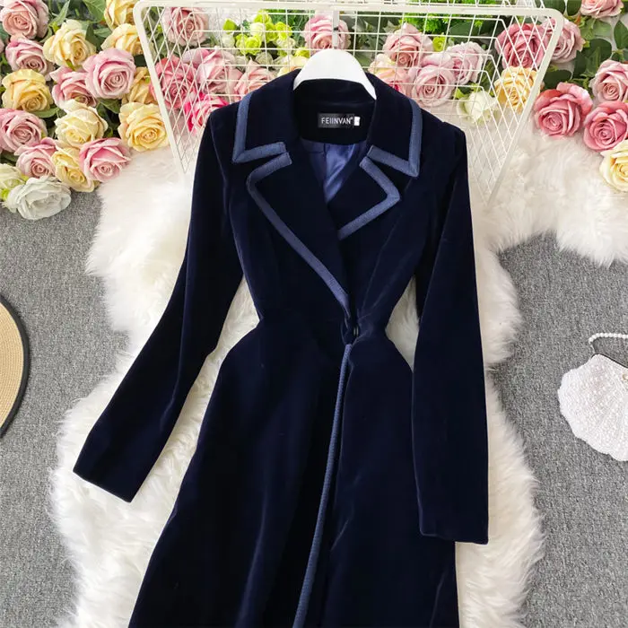 2024 Winter Black Velvet Blazer Dress Long Over The Knee Fashion Temperament Maxi Windbreaker Jacket Women Slim Coat Autumn