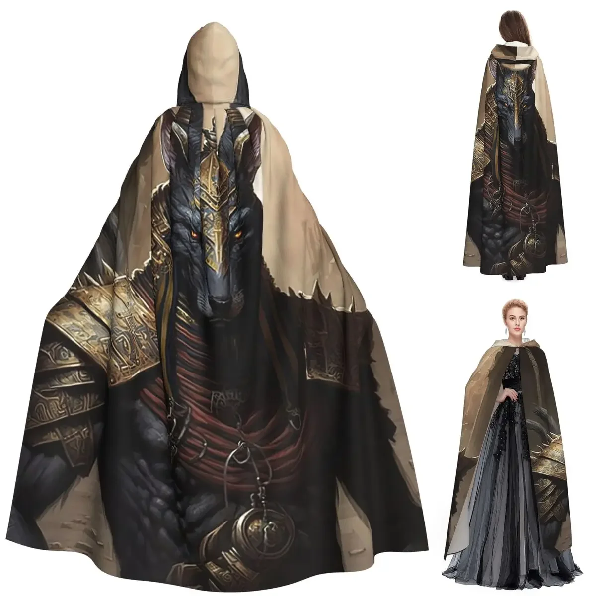 Warrior King Egyptian God Anubis Art Long Hooded Cloak Witch Medieval Costume Cosplay Cape HalloweenVampire Adult Unisex