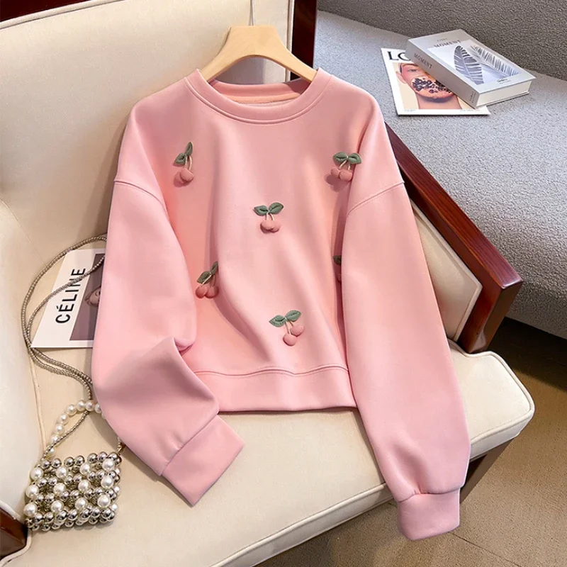 No Hat Sweatshirts Women Baggy Sweet 3d Cherry O-neck Casual Students Ulzzang Autumn Soft Girlish High Street Clothing All-match