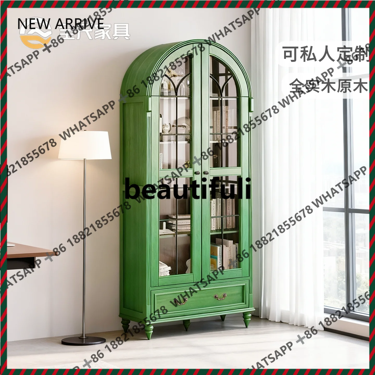 

A182 Pure solid wood bookcase 80cm bedroom arched glass door living room display cabinet bookcase