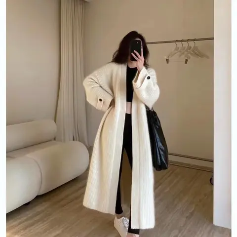 Fashion Retro Medium and Long Knitted Cardigan Sweater Women's Autumn and Winter New Casual Loose Solid Color Sweater Jacket