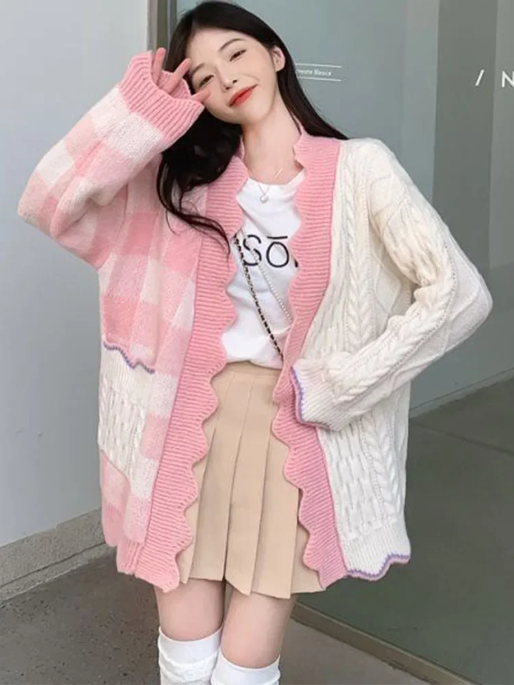 

Клетчатый лоскутный свитер, женский вязаный кардиган большого размера, женский осенний повседневный свободный кардиган с длинными рукавами, корейское милое пальто для женщин
