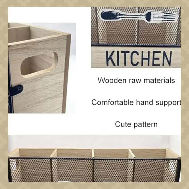 AB45 Kitchen Counter Utensil Holder Metal Paired With Wood Flatware Organizer 4 Compartments For Spatula Crock Cutlery Durable ,