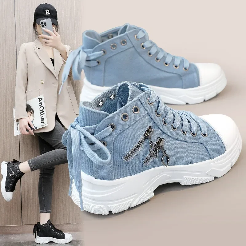 Denim Canvas Shoes Women 2025Spring New Breathable Lace Up Running Shoes forWomen High Top Platform Sneakers Zapatillas De Mujer