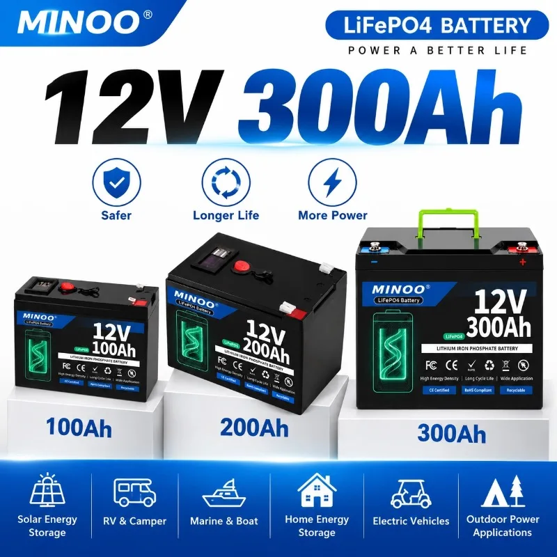 LiFePO4 12V 300AH 12V 200AH Battery Free Charger 12V Lithium Battery Built-In 300A BMS 8000+ Cycle Foat Fast Ship From EUr Bo