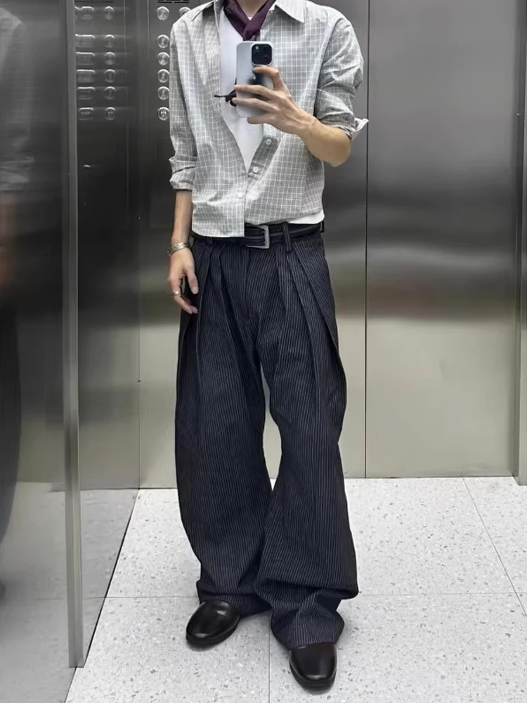 

American Stripe Folded Casual Pants Men's High Waist Design Wide Leg Slimming Pants High Street Drape Long Pants Autumn