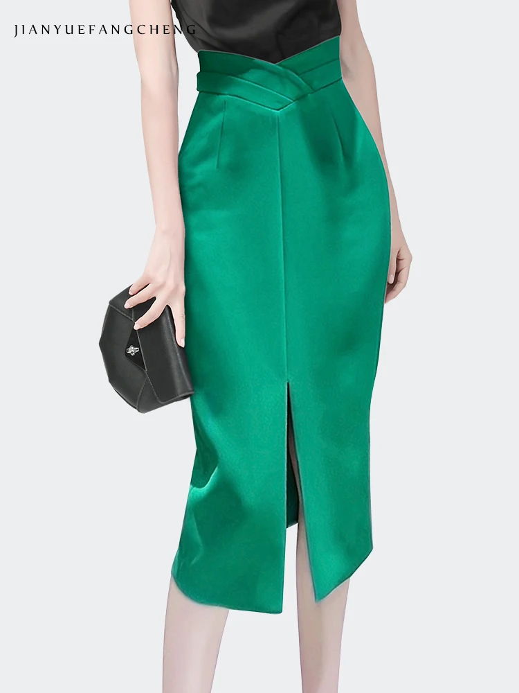 Womens Spring Summer Sexy High Waist Slit Pencil Skirt Solid Color Over-knee Elegant Slim Street-wear Office Straight Skirts