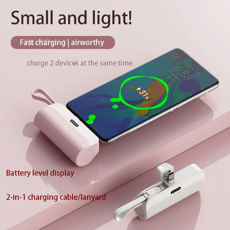 5000mAh Mini Power Bank Built in Cable Portable Powerbank External Battery Charger for iPhone 15 Xiaomi Huawei Samsung poverbank