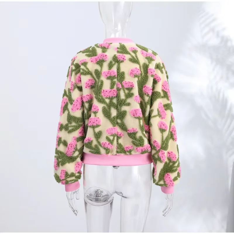 Designer 3D-Blumen-Fleece-Bomberjacke für Damen, Modische Oversize-Jacke mit Reißverschluss, Luxuriöse Plüsch-Oberbekleidung, Herbst-Winter-Streetwear 2026 – Detail 6