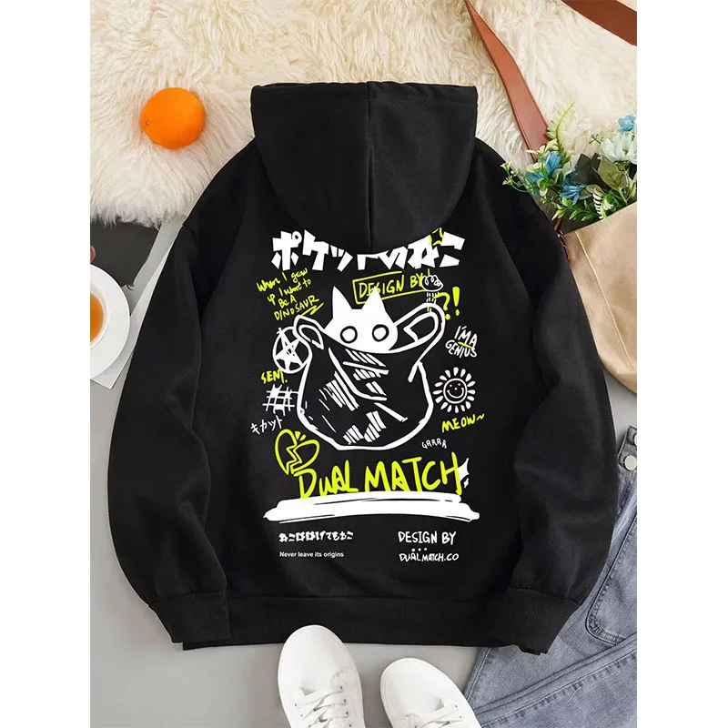 Cute Cat Cartoon Printed Sweatshirt Women Harajuku Casual Loose Hooded Fashion Soft Pocket Hoodies Autumn Warm Female Clothes