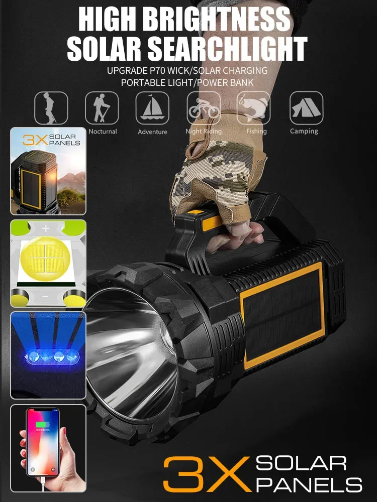 Emergency LED Flashlight Solar Charging Large Capacity Battery Waterproof Service Work Light Power Bank Lamp for Outdoor