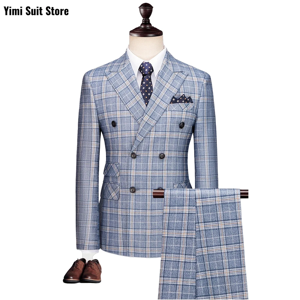

High Quality Plaid Men's Suit 2 Pieces Double Breasted Peaked Lapel Formal Business Wedding Evening Party Blazer Customized