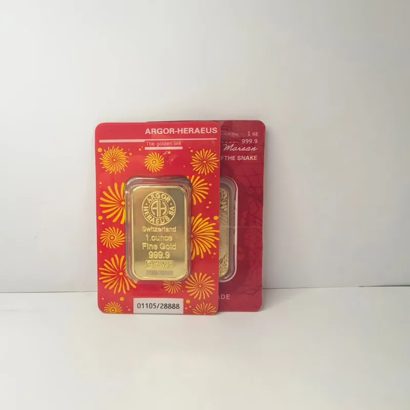 

2025 Snake One Ounce Gold Bar Replica Argor Gold Bullion Bars Limited Edition Brass Golden-plated metal Crafts