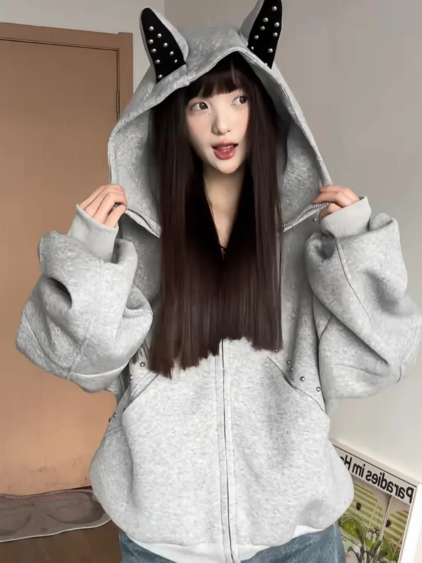 American Sle Rivet Doberman oreilles sweat à capuche femmes ample doux Cool Sle ort Cardigan manteau automne saison coton matériel