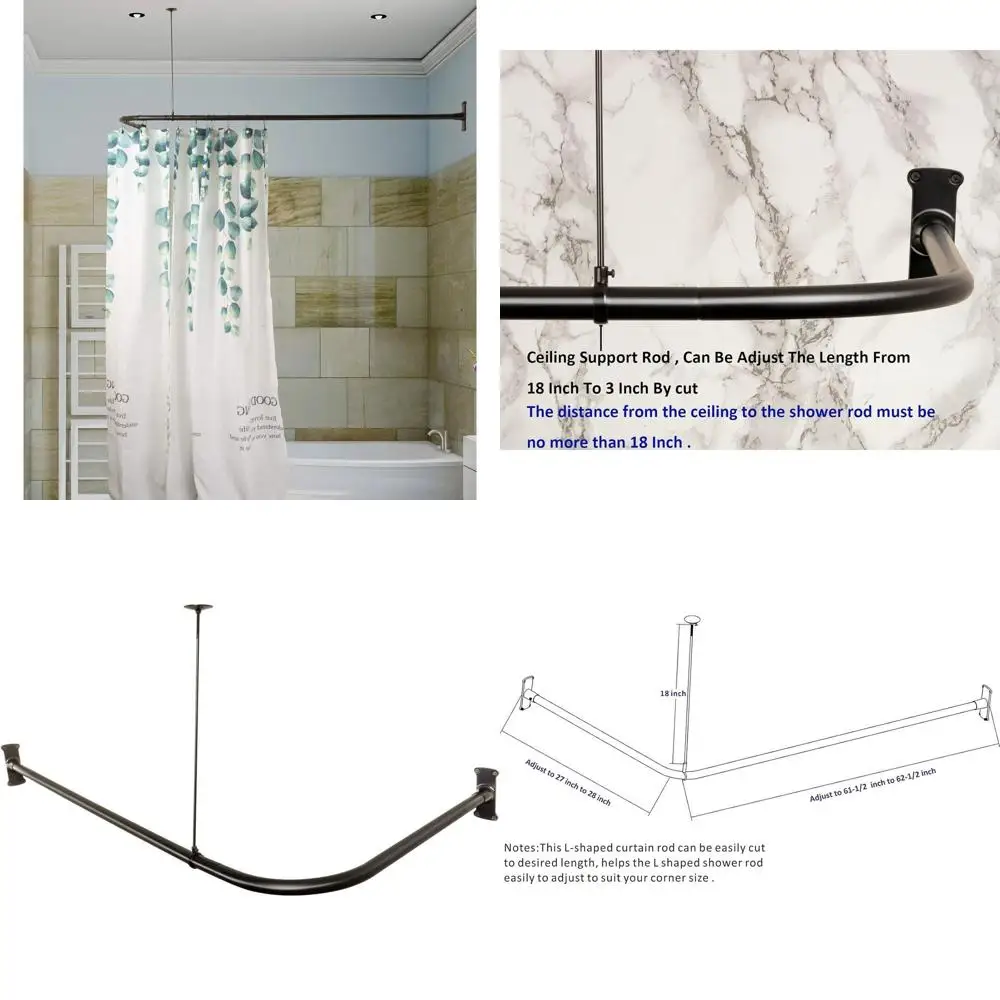 

Matte Black L-Shaped Shower Curtain Rod with Ceiling Support for Bathtub