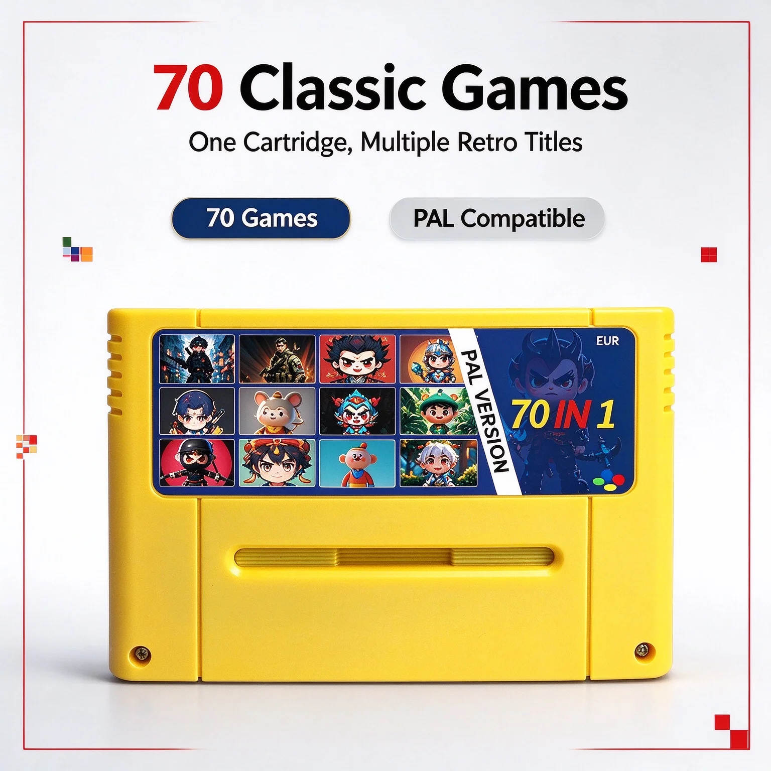 Super 70-in-1-Spielkassette, Multi-Spielkarte für SNES EUR PAL 16-Bit-Videospielkonsole