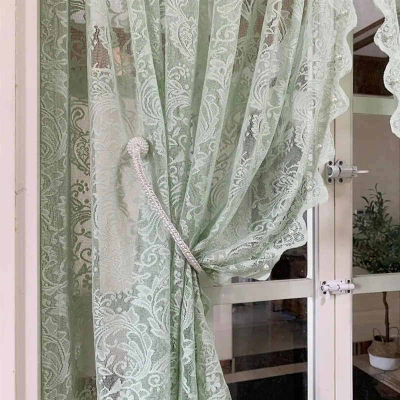 Rural Romantic Mint Green Short Curtain Lace Pearls Embroidered Sheer Tulle Curtain For Kitchen Cabinet Door Decorate Darpe