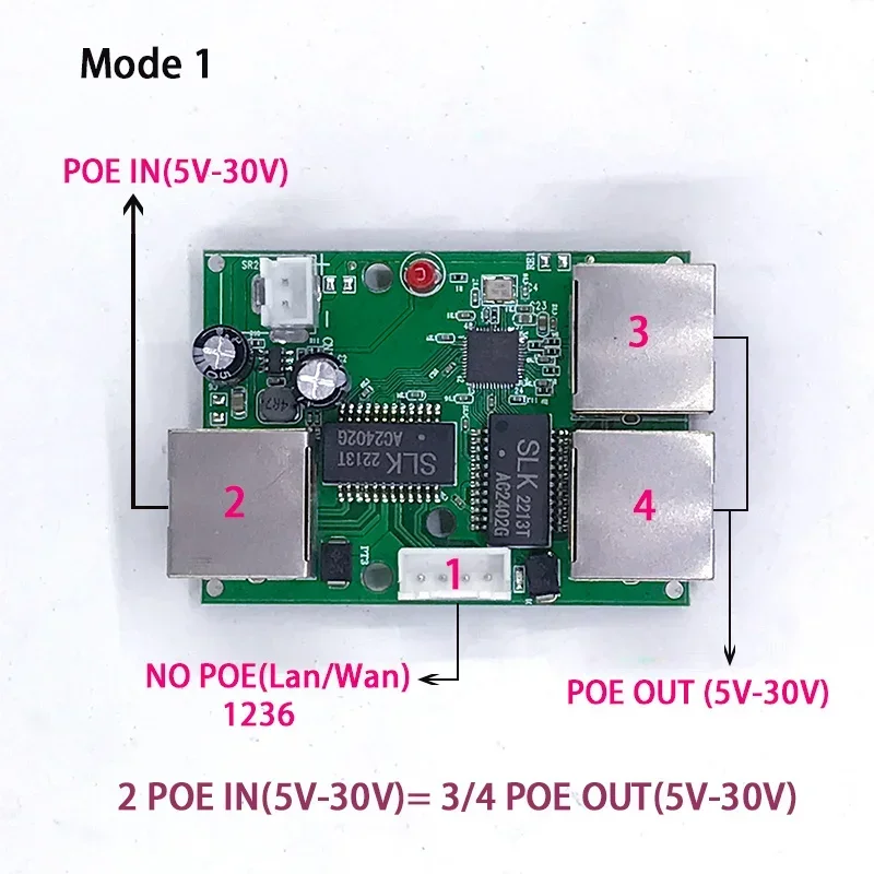 Przełącznik zasilania odwrotnego POE POE IN/OUT5V/12V/24V 75W/2=38.5W 100mbps 802.3AT 45+78- DC5V~30V seria dalekiego zasięgu Force POE