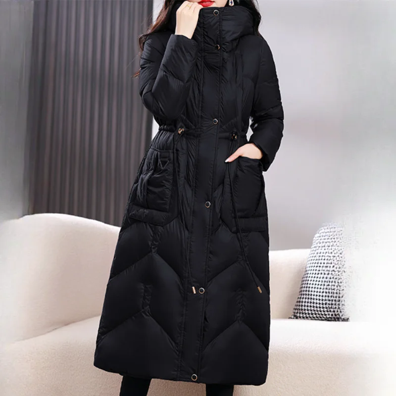 

High-end Duck Down Down Jacket Winter Warm Coat Hooded Waisted Medium-length Parka Fashion Street Temperament Women's Coat