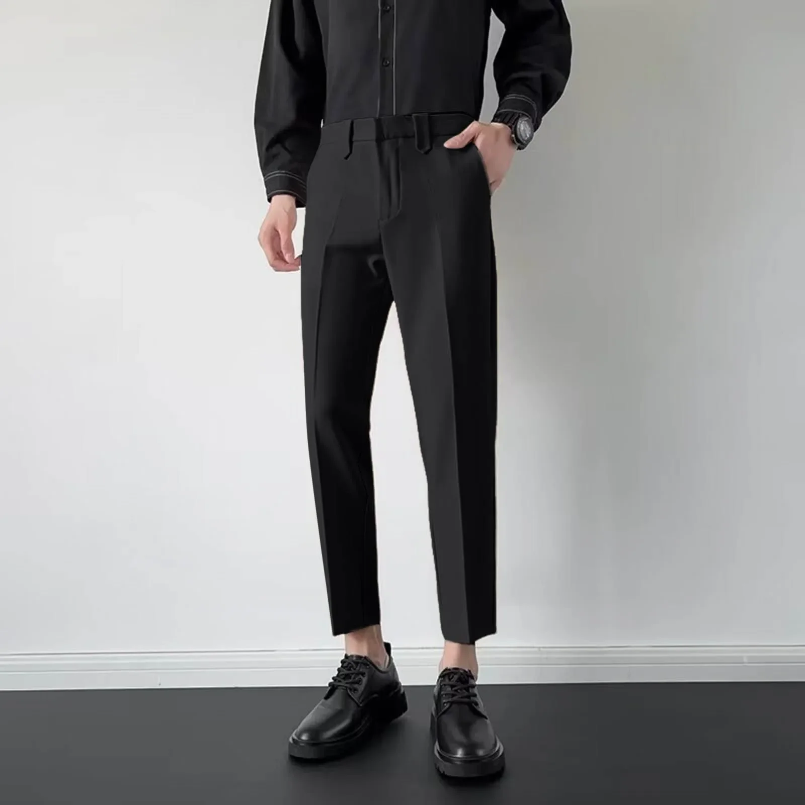 

Новинка 2023 года, весенне-осенние модные повседневные брюки, укороченные брюки без глажки, корейские модные деловые прямые брюки для мужчин