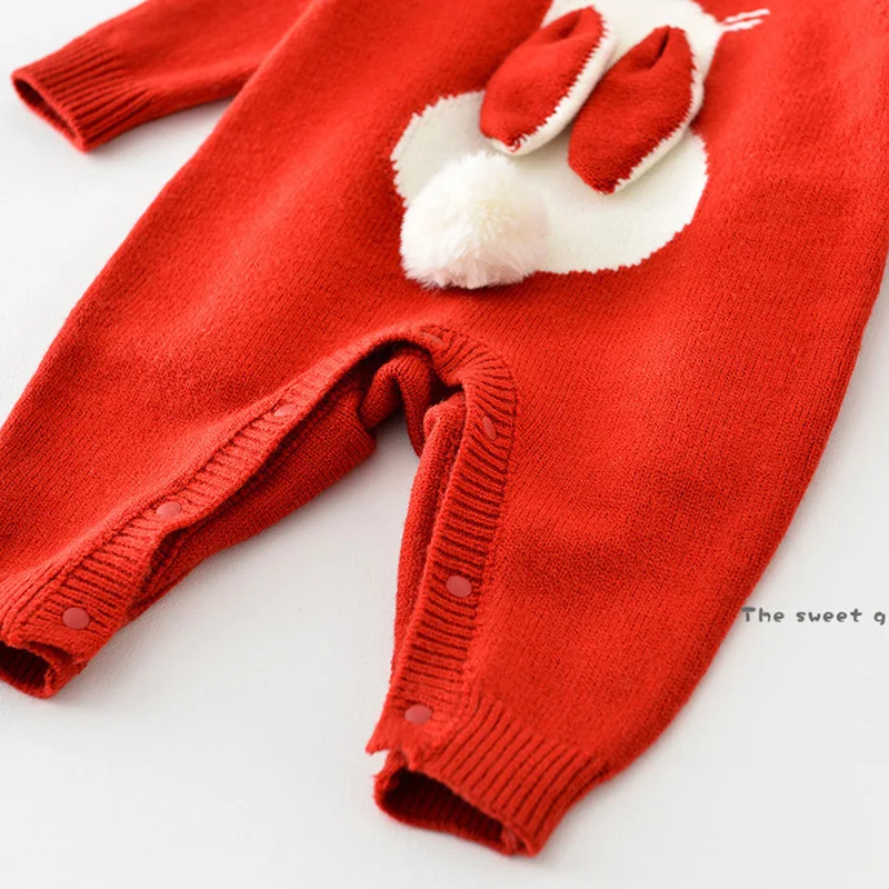 Autumn Red Knit Jumpsuit for Kids Winter Baby Romper Cute Bunny Christmas Clothes Newborn One-Piece Onesie Toddler Girls Outfit