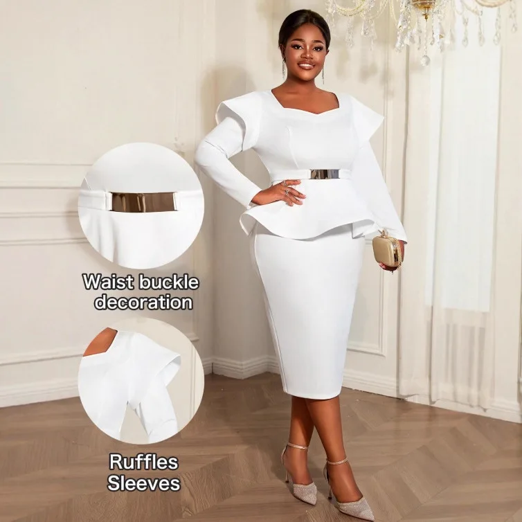 

L-4XL Plus Size African Dresses for Women Elegant African Long Sleeve White Polyester Party Evening Bodycon Midi Dress Outfits
