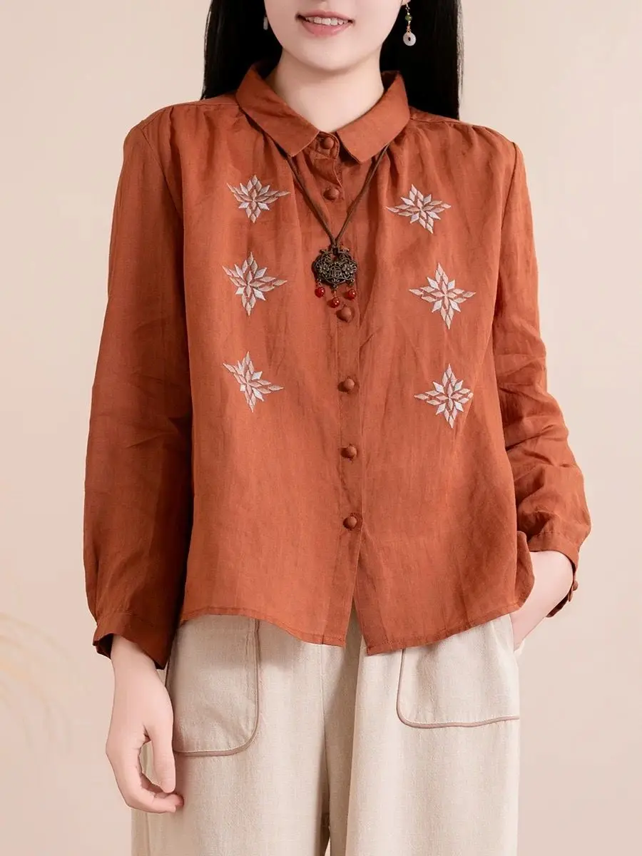 Nowa kolekcja wiosna-lato 2025: bawełniana i lniana koszula z haftem, literacki styl, kołnierzyk, długi rękaw, uniwersalna, luźna bluzka.