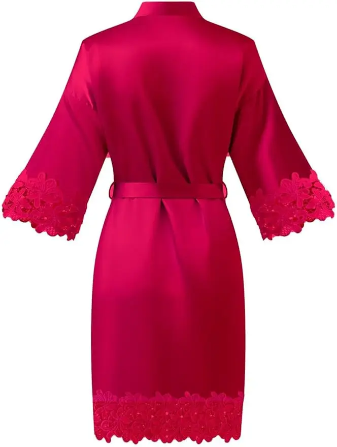 Womens Short Satin Robe Lace Trim Silk Kimono Sleepwear Bridesmaid Robes for Bride Wedding Party Nightgown
