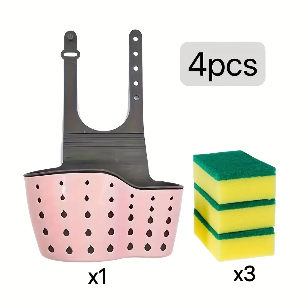 4 pieces - adjustable kitchen sink storage rack with dishwashing sponge and dishwashing cleaning cloth - space-saving hanging dr