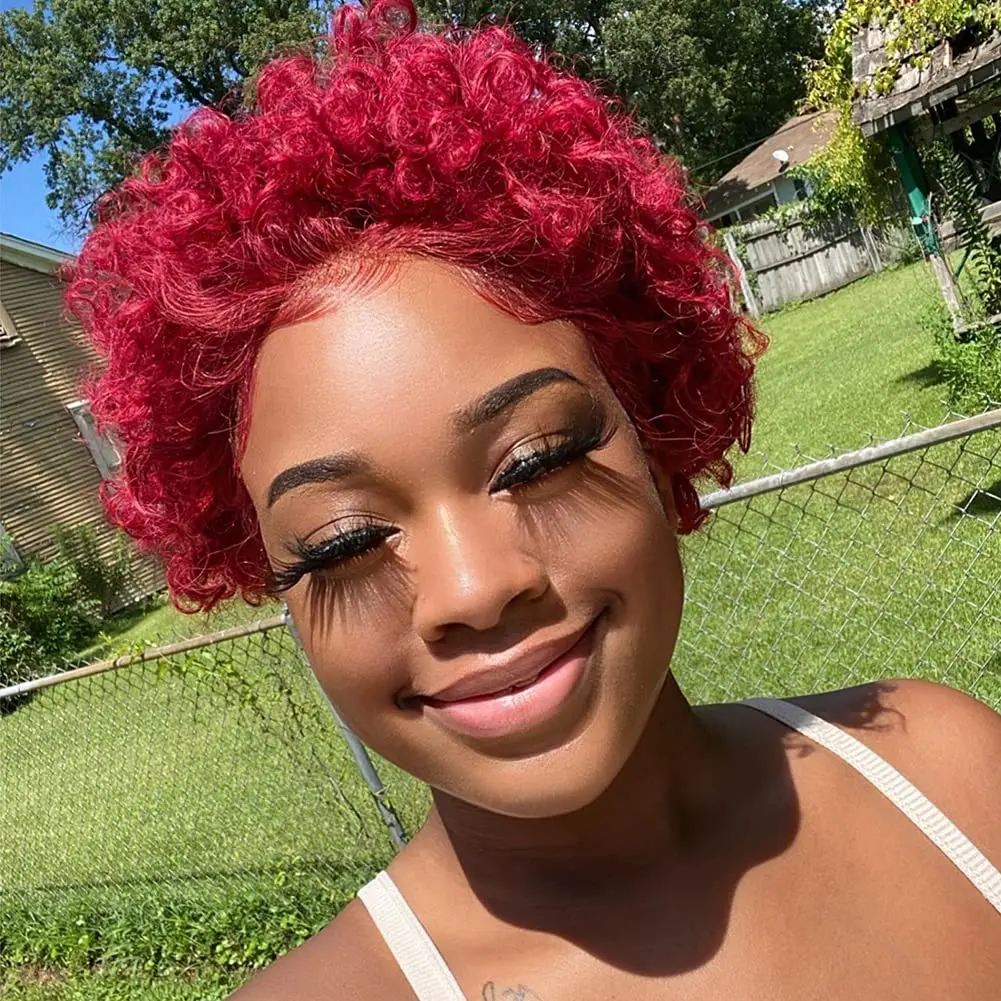 Red Short Human Hair Wig Pixie Cut Lace Front Human Hair Wigs For Black Women Perruque Cheveux Humain Cheap Glueless Wig On Sale