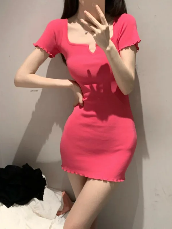 Summer New Spicy Girl Sexy Short sleeved T-shirt Dress Women's Small stature Pure Desire Wrap Hip Short Skirt Fashionable YRUE