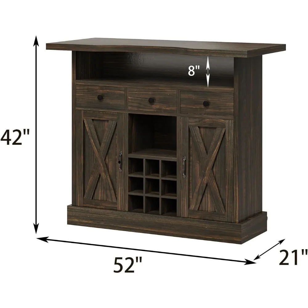 Kitchen Cabinet with 4-Tier Storage, 3 Drawers and 9 Wine Racks, Barn Door and Footrest, Floor Standing Display Wine Cabinet