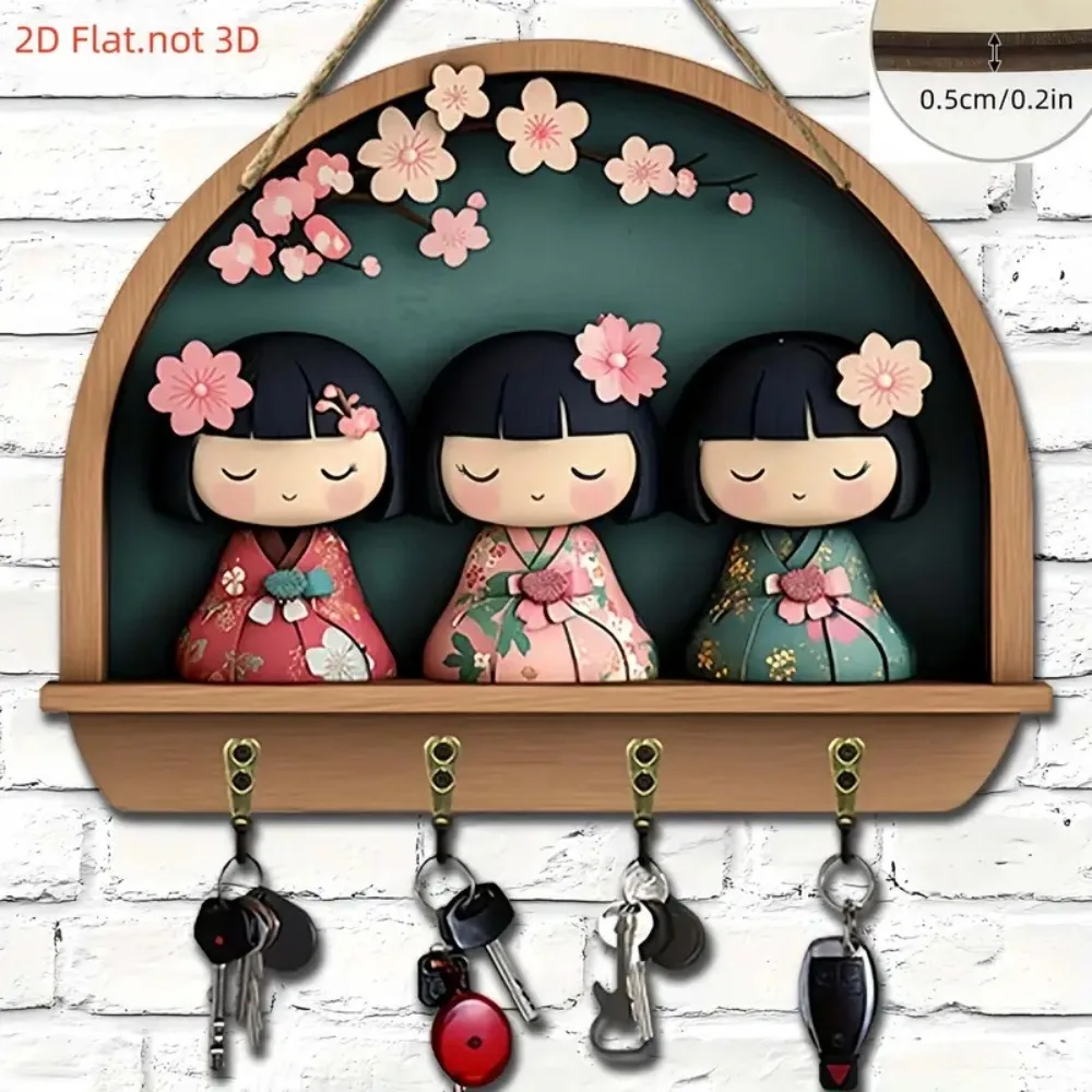 2D Charming Japanese Kimono Doll, Wooden Keychain with Four Metal Hooks, Suitable for Home, Porch, Room, Villa Decoration, Gift