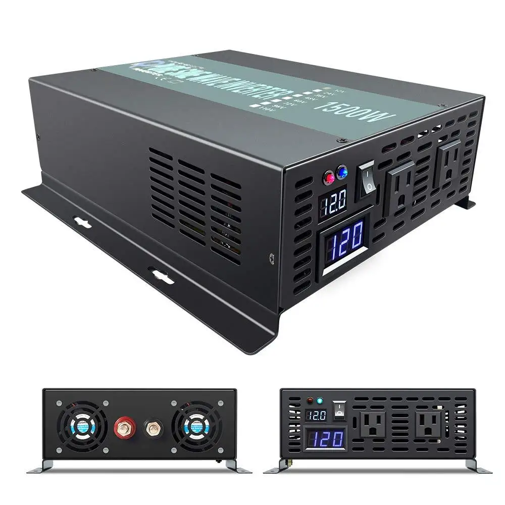 1500W Pure Sine Wave Solar Inverter 24V DC to 120V AC Off Grid Power Generator RV Camping Dual Outlets LED Display Intelligent