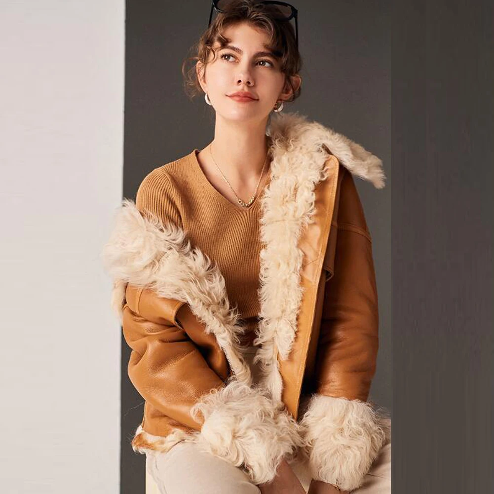 Denny & Dora สตรี Sheepskin และเสื้อขนสัตว์สตรี Shearling แจ็คเก็ต Warm Natural Fur Coat