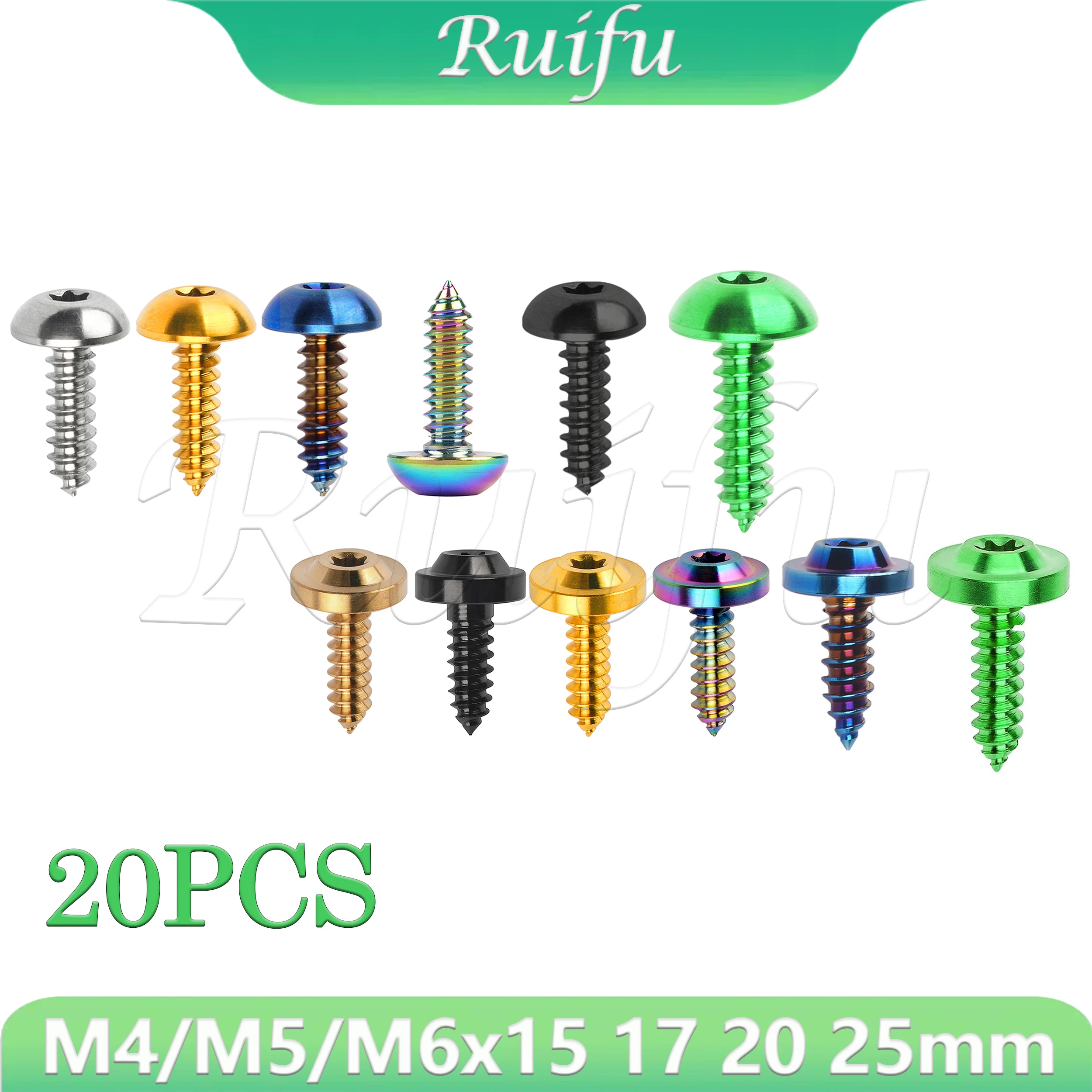 

Ruifu Titanium Bolt 20PCS M4/M5/M6x15/17/20mm Self-Tapping Button Torx Head Screw for Motorcycle Bike Car