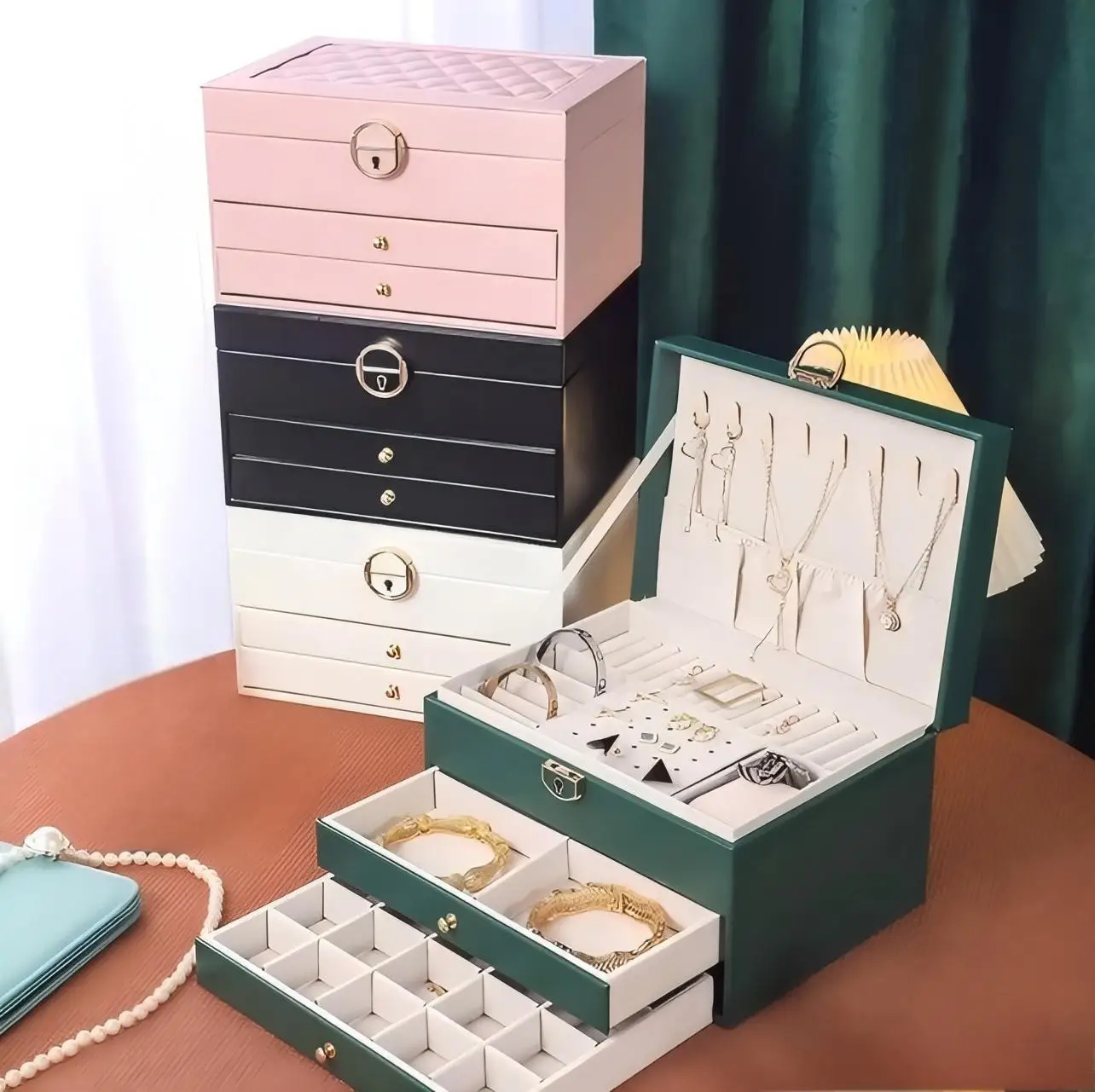 WELLZONE 3 layers Large-Capacity Jewelry Storage Box Ring Jewelry Earrings Necklace  Accessory Home Furnishing Organization Box