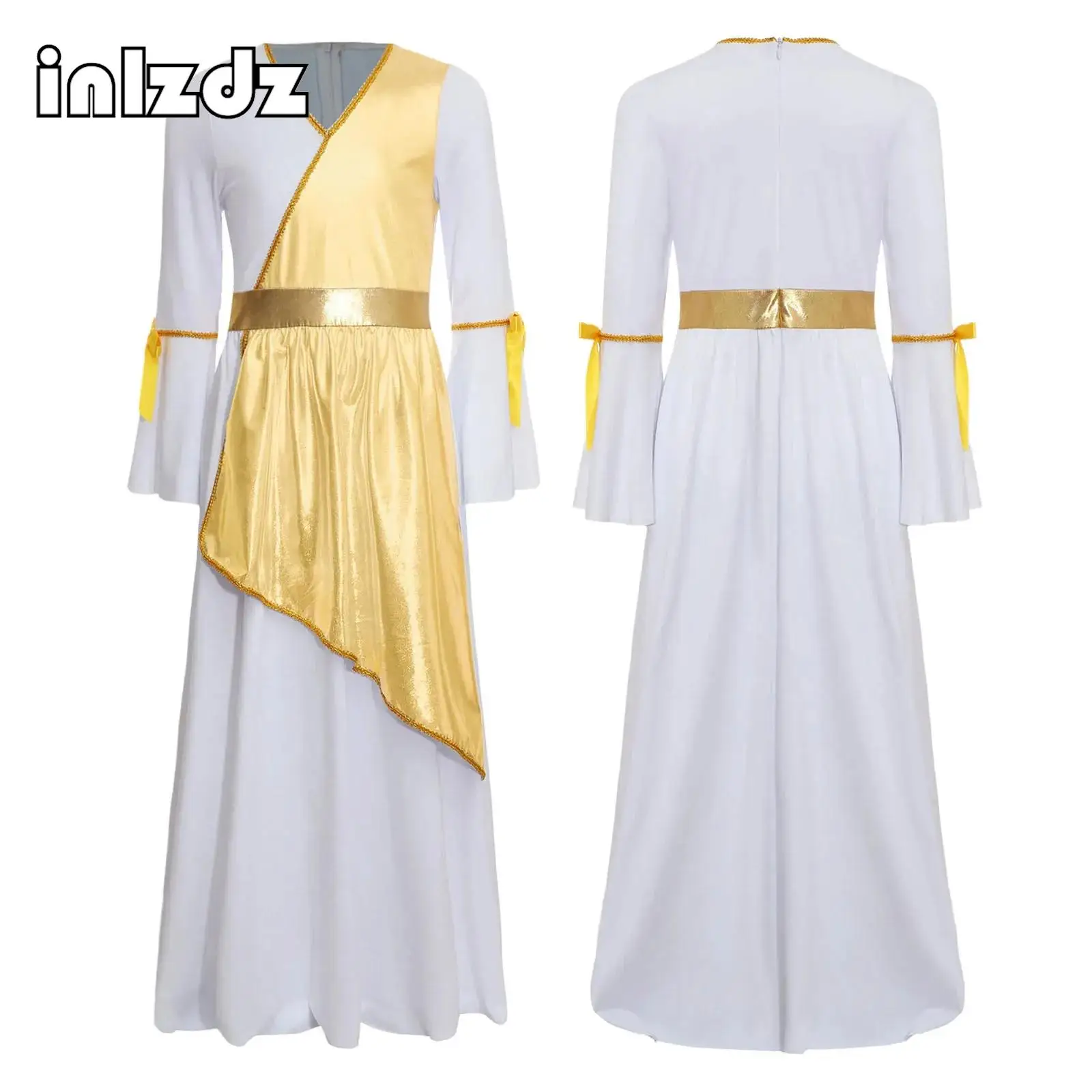 

Halloween Ancient Greek Fancy Dress Roman Princess Cosplay Girls Toga Long Sleeve Metallic Church Choir Worship Robe