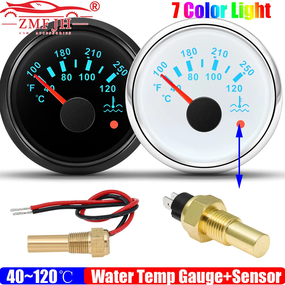 

ZMFJH 40~120 ℃ Индикатор температуры воды 52 мм с датчиком, 7-цветный светодиодный дисплей, сигнализация для автомобиля, лодки, яхты