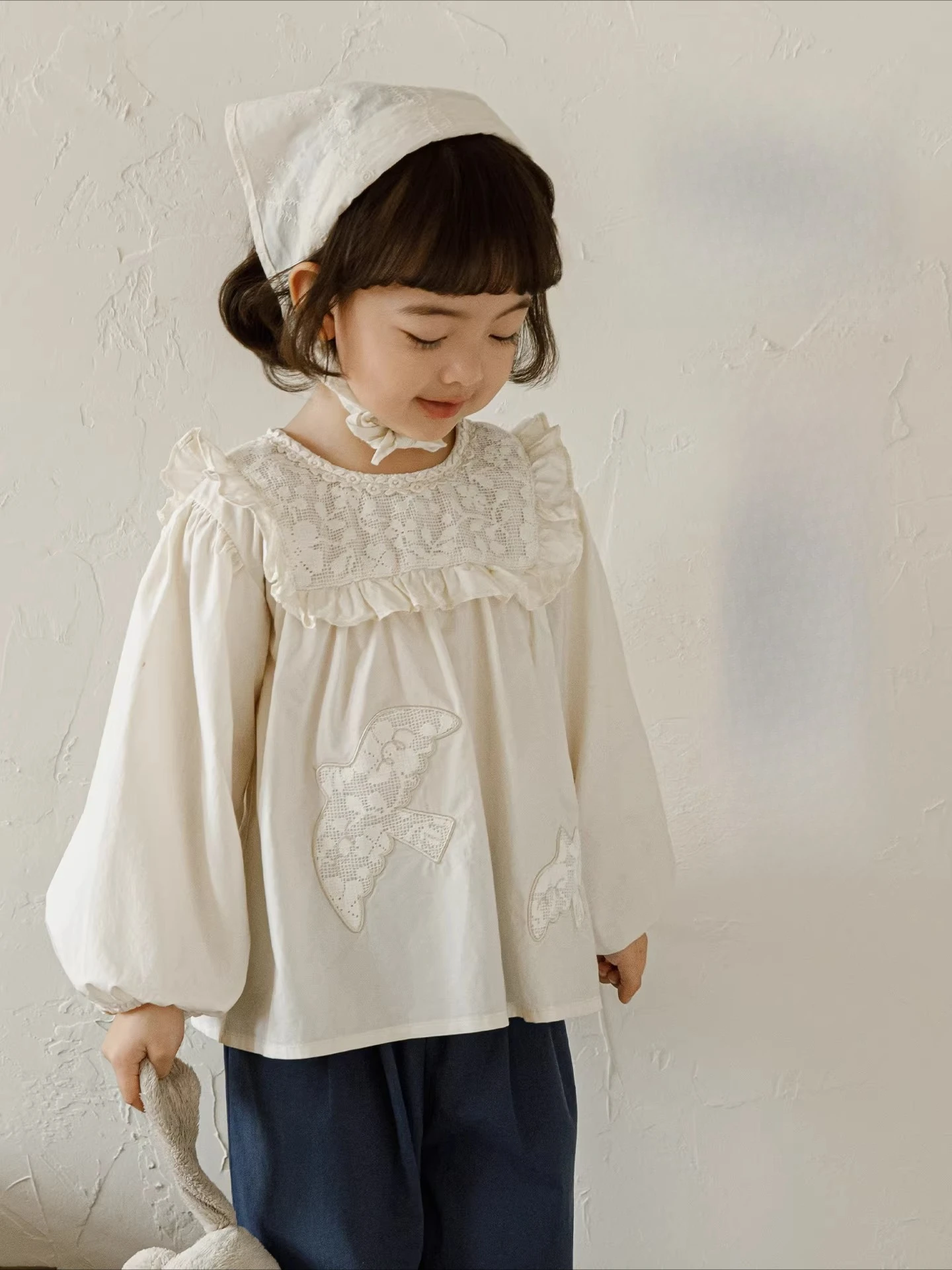 Spring Autumn Girls French Inspired Lace Top Cotton Breathable Bird Embroidery Kids Blouse 2-10 Years