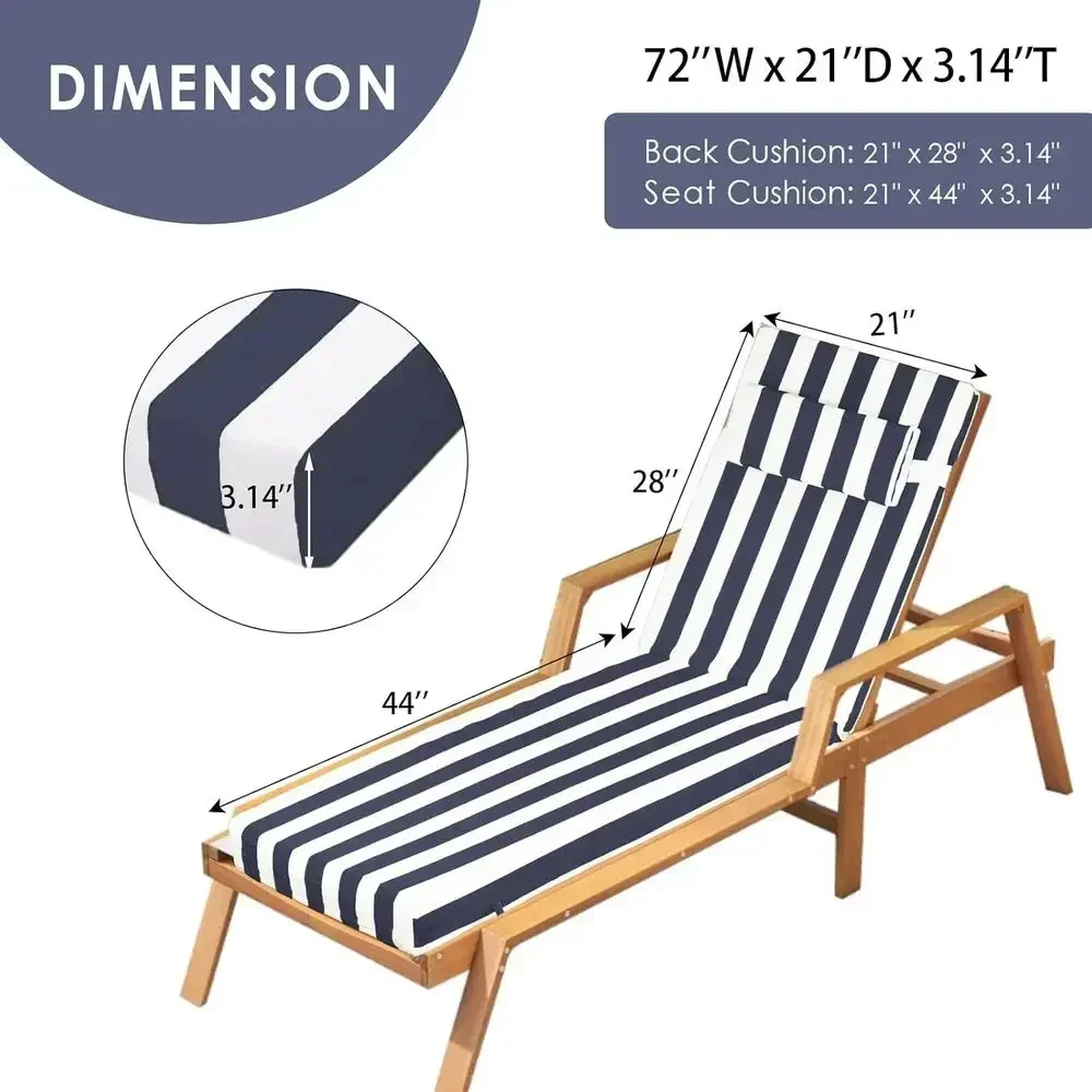 Outdoor Chaise Lounge Cushion Set, Waterproof Memory Foam, Striped Navy & White, 72x21x3