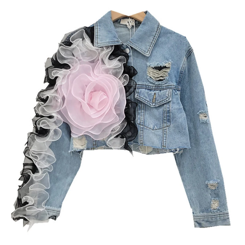 MSMUSI 2024 New Fashion Women Sexy Lapel Floral Lace Mesh Falbala Ruffles Hollow Out Blazer Top Bodycon Short Jacket Denim Coat